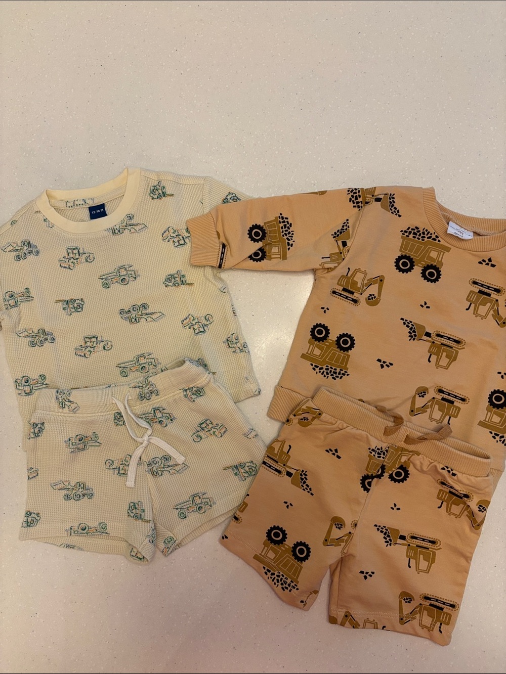 Kids Construction Print Short Sets  - Cream & Tan